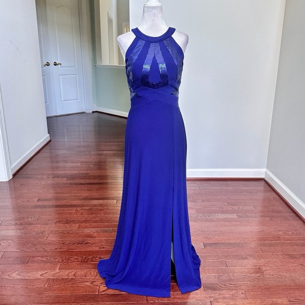 Morgan & Co Royal Blue Sequin High Neck Open Back Sexy Gown Dress Size 1/2